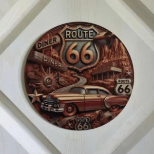 Route 66  8"  Round Wood Wall Decore