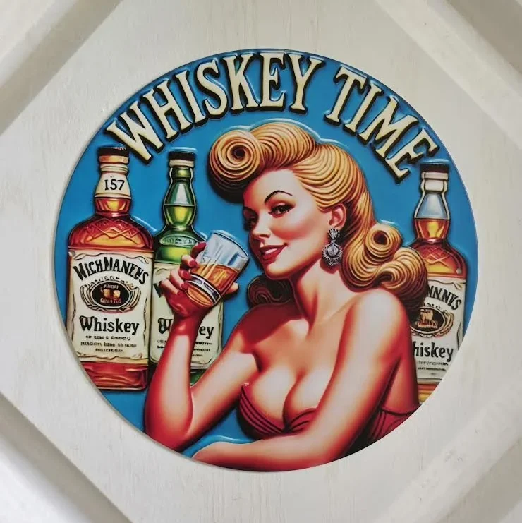 Pin Up Girl 8″ Round Metal Wall Decor