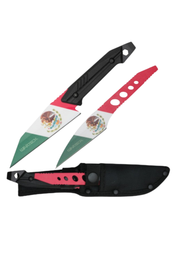 Wartech fixed blade knife set with Mexican flag design and black sheath