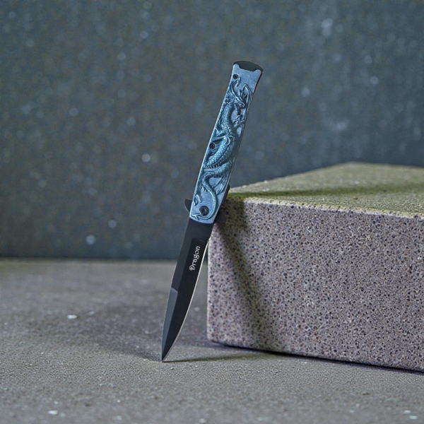 Folding Pocket Knife Black Embossed Wildfire Dragon