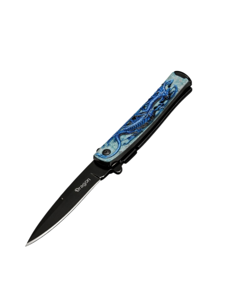 Blue Embossed Dragon Folding Knife